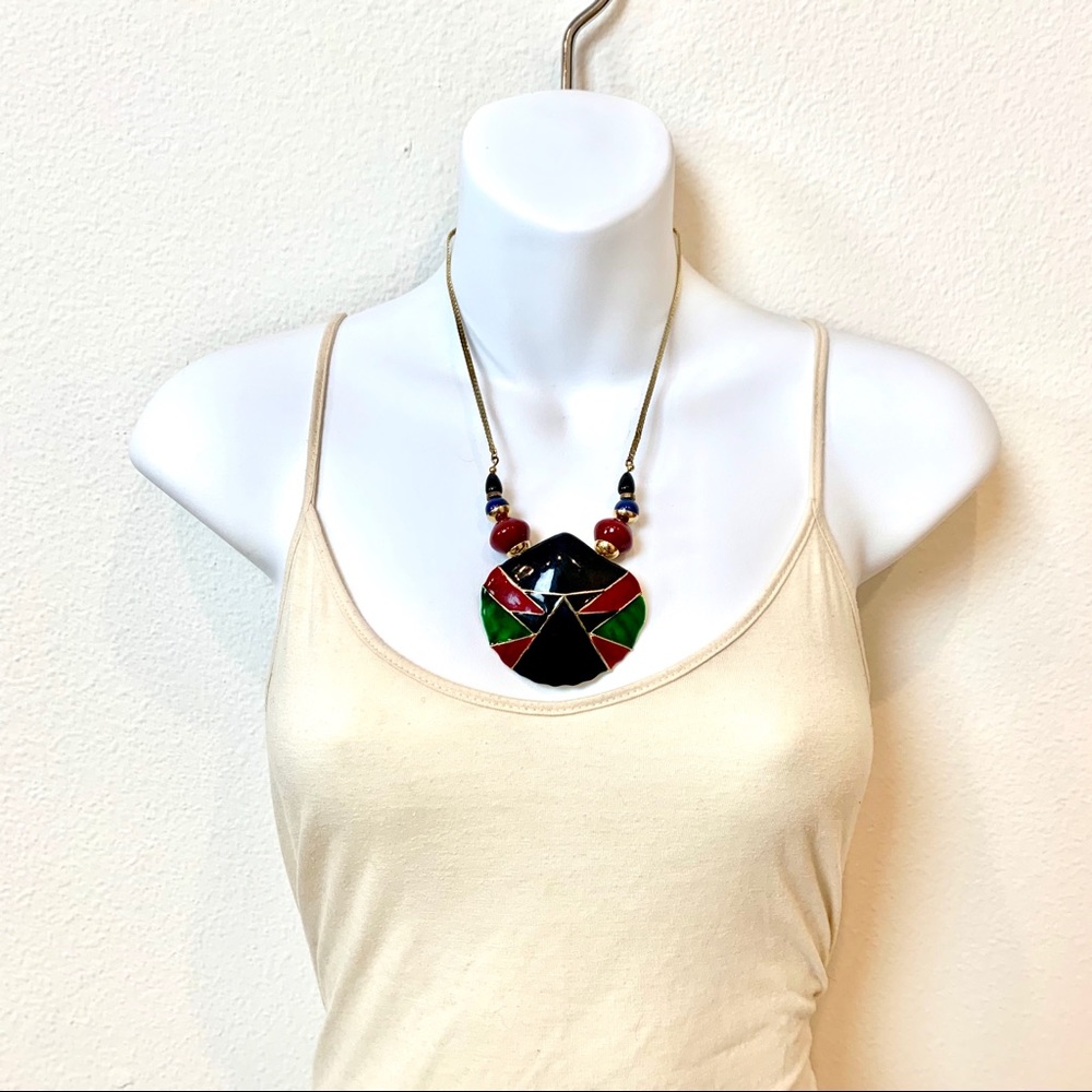 Shell Necklace & Earrings Set Black Green Red Gold - Picture 4 of 8